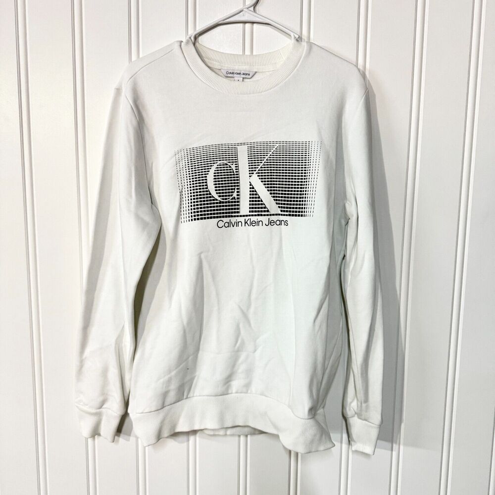 CALVIN‎ KLEIN Sweater Mens Size Medium White Graphic Logo Long Sleeve Slim Fit